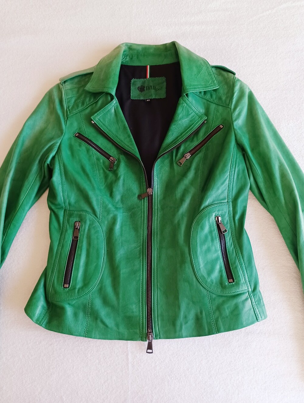 Women's Italian Danpel Emerald Green Leather Moto Jacket, Size 44/XS